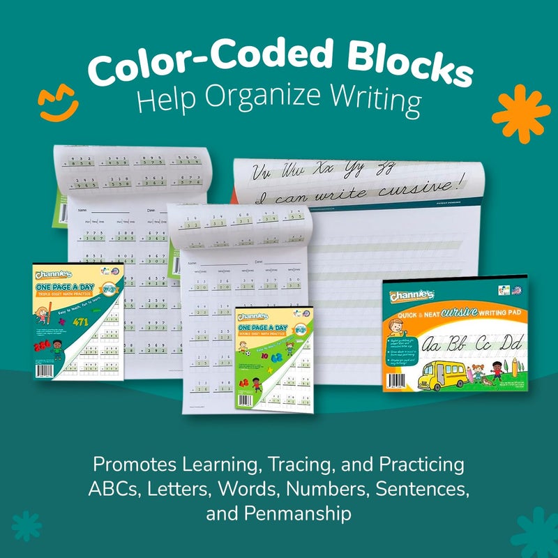 Channie's Best value Channieâ€™s Visual Math, Handwriting, and Cursive Bonus Pack of 5 Separate Workbooks, Grades 1st â€“ 3rd, With FREE Alphabet Card - Learning Workbook for Homeschool and After School - Image 4